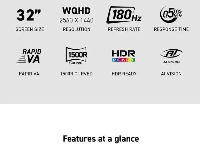 Alt view image 11 of 11 - MSI 31.5" 180 Hz Rapid VA QHD(2560 x 1440) Gaming Monitor-180Hz, 0.50ms, Adaptive Sync, HDR Ready, HDMI, VGA Port, VESA Mountable, Tilt, 4-Side Slim Bezel, MAG 321CQF E18