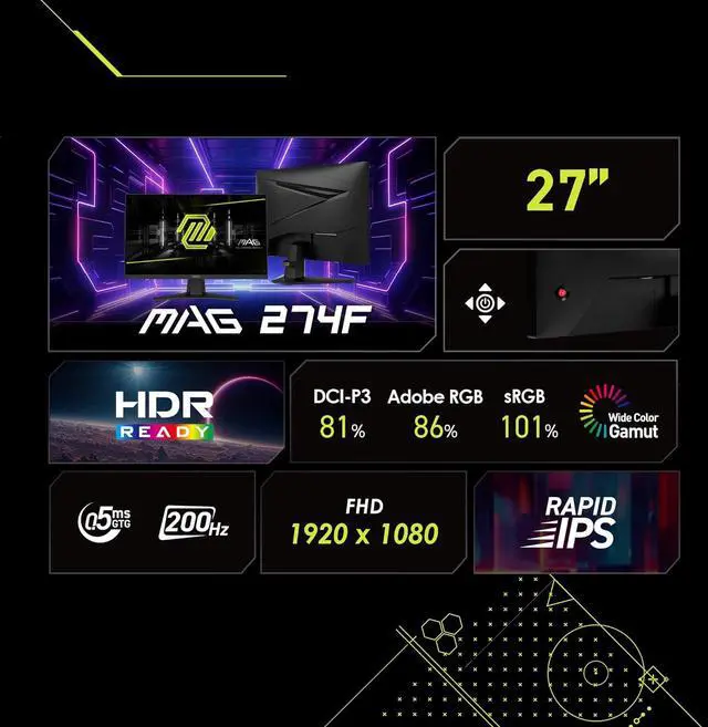 Alt view image 6 of 20 - MSI 27" 200 Hz Rapid IPS FHD(1920 x 1080) Gaming Office Monitor 0.50 ms Adaptive-Sync, HDR Ready, HDMI, VGA Port, VESA Mountable, Tilt, 4-Side Slim Bezel, Black MAG 274F