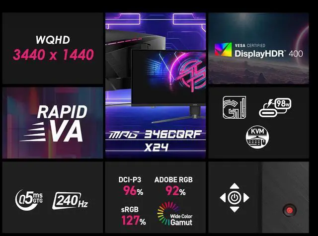 Alt view image 2 of 10 - MSI 34" 3440x1440 240 Hz Rapid VA UWQHD Gaming Monitor FreeSync (AMD Adaptive Sync) MPG 346CQRF X24