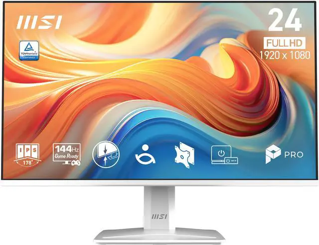 Main image of MSI PRO MP243W E14 24-inch IPS 1920 x 1080 (FHD) Computer Monitor, 144Hz, Adaptive-Sync, HDR Ready, HDMI, Display Port, VESA Mountable, Tilt, 4-Side Slim Bezel, 1ms, White