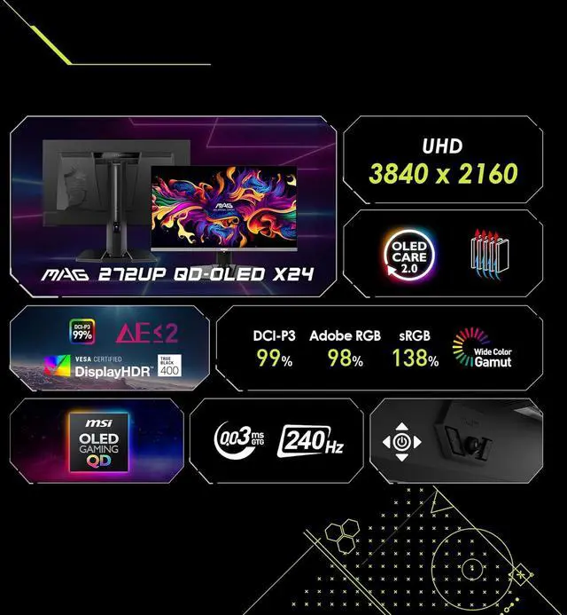 Alt view image 6 of 19 - MSI MAG 272UP QD-OLED X24 26.5" QD-OLED UHD 240Hz Gaming Monitor – 4K, 0.03ms, NVIDIA G-SYNC Compatible, DisplayHDR True Black 400, HDMI 2.1, Type-C, Height Adjustable Stand