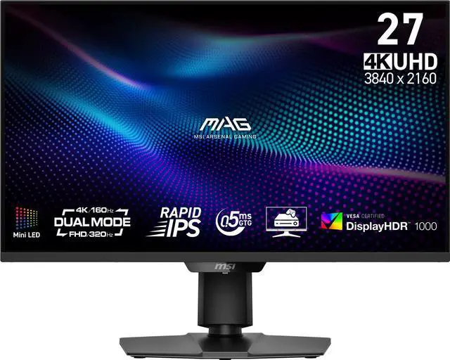 Main image of MSI MAG 274UPDF E16M 27" 4K UHD Mini-LED Gaming Monitor 3840x2160 160Hz 0.5ms HDR1000 Dual Mode 1080p 320Hz FreeSync Premium G-SYNC Compatible Quantum Dot Type-C 15W PD HDMI 2.1 VESA Adjustable