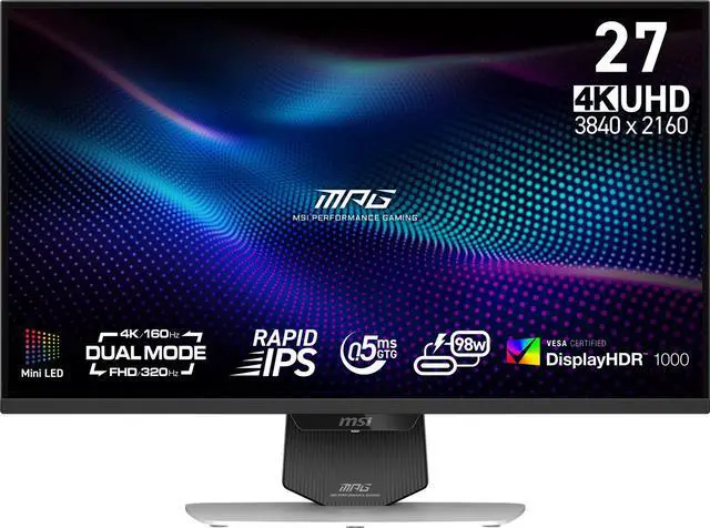 Main image of MSI MPG 274URDFW E16M 27" Gaming Monitor – 4K UHD 160Hz / FHD 320Hz, Mini-LED, Quantum Dot, 0.5ms, HDR1000, USB-C 98W PD, AI Navigator, Adaptive-Sync, 1x DP 1.4a, 2x HDMI 2.1, Type-C, Dual Mode