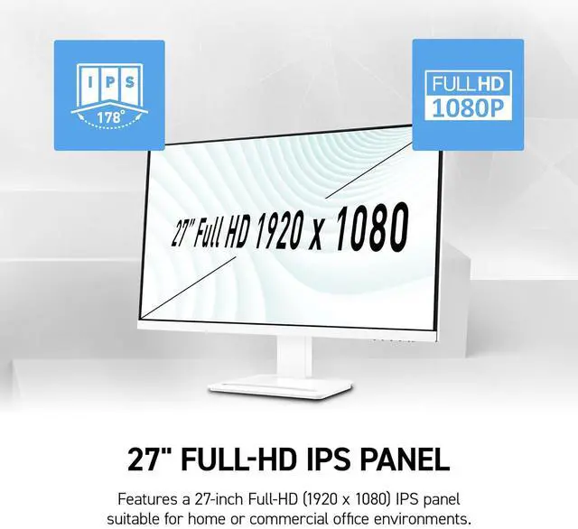 Alt view image 2 of 6 - MSI PRO MP273W E14A 27" IPS 1920 x 1080 (FHD) Gaming Office Monitor, 120Hz, Free-Synch, HDMI, DisplayPort, VGA Port, VESA Mountable, Tilt, Speaker, 4-Side Slim Bezel 1ms, White