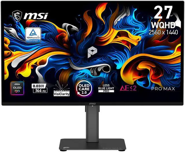 Main image of MSI PRO MAX 271QPX14G 27" 2560 x 1440 (QHD) QD OLED Monitor, 144Hz, DisplayHDR, AMD Free Sync/G-SYNC Compatible, HDMI, Display Port, USB-C (15W Power Delivery), Delta E< 2, PANTONE Validated, Height Adjustable Stand, Speaker, Black