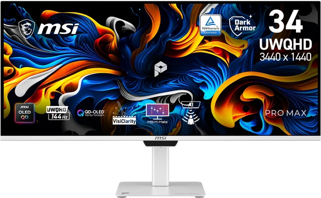 Main image of MSI PRO MAX Ultrawide 34 inch QHD 2K 144OP 144Hz Adaptive Sync OLED Silver White Monitor with Height Adjustable, Pivot, Swivel & Tilt Stand PRO MAX 341QPXW14G