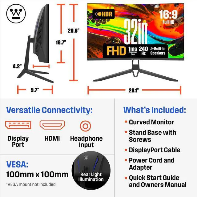 Alt view image 6 of 9 - Westinghouse 32 Inch Curved Full HD White Gaming Monitor, 240Hz, AMD FreeSync Support, Low Motion Blur, 1500R Curve, 1920 x 1080, for PC Games with Built in Speakers, DisplayPort, HDMI