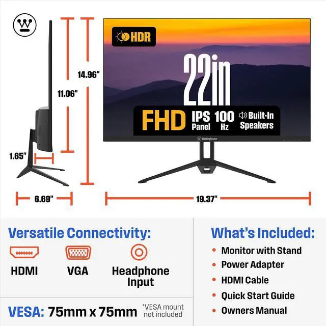 Alt view image 5 of 8 - Westinghouse 22" Monitor, 1080p Full HD IPS Computer Screen, 100Hz Refresh Rate, 1ms Response, HDR, Adaptive Sync, Built-in Speakers, HDMI, VGA, Gaming & Home Office (2025 Model) WH22FA9600