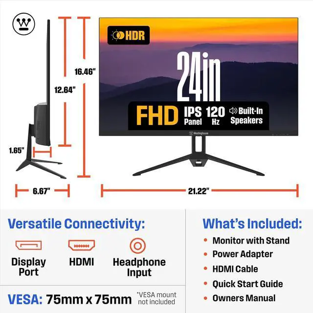 Alt view image 5 of 8 - Westinghouse 24" Monitor, 1080p Full HD IPS Computer Screen, 120Hz Refresh Rate, 1ms Response, HDR, Adaptive Sync, Built-in Speakers, HDMI, DP, Gaming & Home Office (2025 Model) WH24FA9600