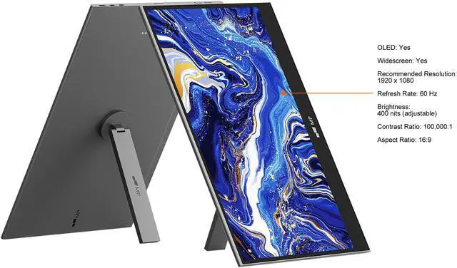 Alt view image 5 of 8 - Mobile Pixels Glance Pro 101-1008P01 15.6" Monitor,  1920 x 1080 Full HD OLED, 60 Hz, 16:9, USB Type-C, Mini-HDMI, Speaker