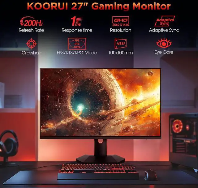 Alt view image 2 of 8 - KOORUI 27" 2560 x 1440 (2K) 200 Hz IPS Gaming Monitor FreeSync Premium (AMD Adaptive Sync) 98% DCI-P3 S2721PM