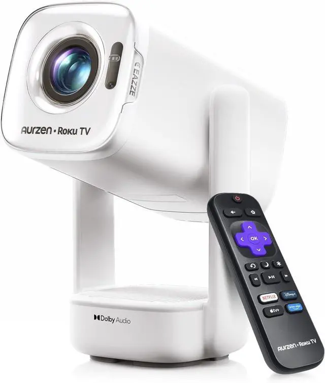 Main image of Aurzen Roku TV USB-C Powered Smart Portable Projector with Wifi and Bluetooth, D1R air Roku TV Built-in, Native 1080P, DoIby Audio, Mini Projector for Home/Outdoor Movies, White