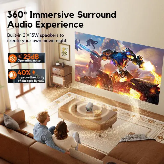 Alt view image 8 of 9 - AKIYO O4 Projector, 2026 Upgraded Mini Projector Full HD 1080P WiFi Bluetooth, Auto Focus Video Projector 120 Degree Rotation, Home Cinema Compatible with HDMI/USB/Smartphone