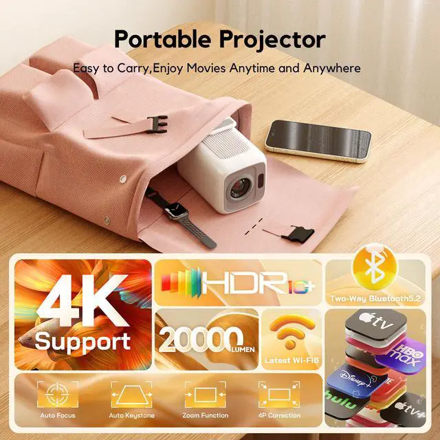 Alt view image 2 of 9 - AKIYO O4 Projector, 2026 Upgraded Mini Projector Full HD 1080P WiFi Bluetooth, Auto Focus Video Projector 120 Degree Rotation, Home Cinema Compatible with HDMI/USB/Smartphone