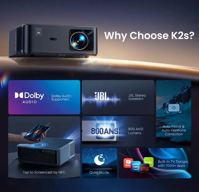 Alt view image 6 of 9 - Yaber K2S Premier Home Theater Projector with Built-in TV Dongle and Dolby Audio & JBL Stereo Speakers