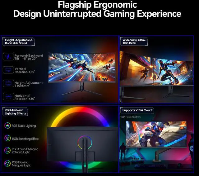 Alt view image 10 of 13 - ABS Gaming Monitor 34" Curved 240Hz VA WQHD (3440x1440) 1ms VESA DisplayHDR 400, FreeSync, DCI-P3 90%, Height Adjustment, Space-Saving Stand, GQ341NE