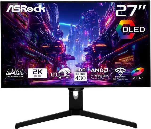 Main image of ASRock Phantom Gaming 27" QHD (2560x1440) 240Hz Flat WOLED Gaming Monitor, 0.03ms (GTG), 99% DCI-P3 with 129% sRGB Color Space, 2xHDMI 2.1, 2xDisplayPort 1.4, 3xUSB, PGO27QFS