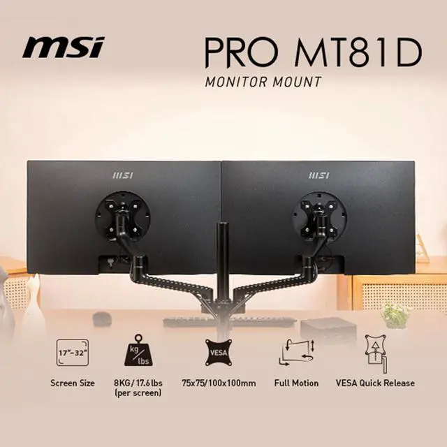 Alt view image 4 of 19 - MSI PRO MT81D - Premium Aluminum Dual Monitor Stand Arms, Supports 17-32" & 17.6 lbs per Screen, VESA Compatible, Adjustable Desk Mount, Clamp & Grommet Base, Quick Release Plate - Black