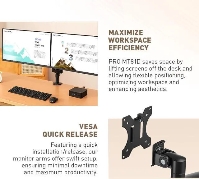 Alt view image 7 of 19 - MSI PRO MT81D - Premium Aluminum Dual Monitor Stand Arms, Supports 17-32" & 17.6 lbs per Screen, VESA Compatible, Adjustable Desk Mount, Clamp & Grommet Base, Quick Release Plate - Black