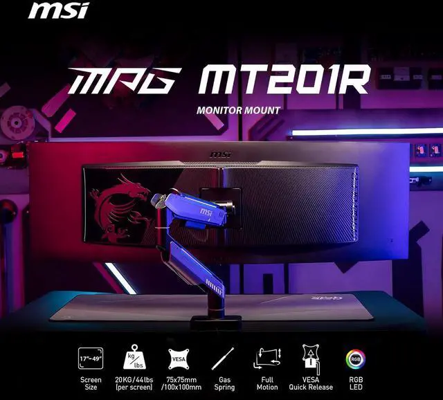 Alt view image 6 of 20 - MSI MPG MT201R - Premium RGB Single Monitor Stand Arm,  Supports 17-49" Screens and 44 lbs, VESA Compatible, Adjustable Heavy Duty Gas Spring Mount, Clamp & Grommet, Quick Release Plate - Gray