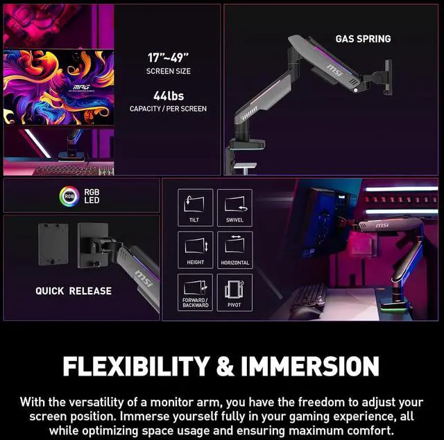 Alt view image 7 of 20 - MSI MPG MT201R - Premium RGB Single Monitor Stand Arm,  Supports 17-49" Screens and 44 lbs, VESA Compatible, Adjustable Heavy Duty Gas Spring Mount, Clamp & Grommet, Quick Release Plate - Gray