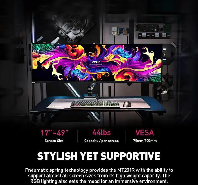 Alt view image 9 of 20 - MSI MPG MT201R - Premium RGB Single Monitor Stand Arm,  Supports 17-49" Screens and 44 lbs, VESA Compatible, Adjustable Heavy Duty Gas Spring Mount, Clamp & Grommet, Quick Release Plate - Gray
