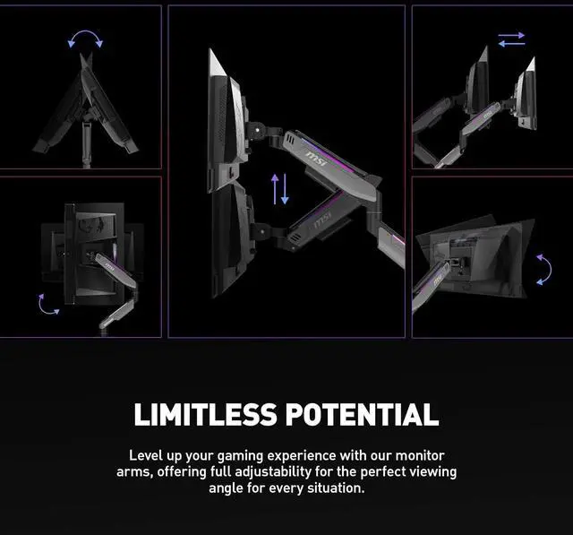 Alt view image 13 of 20 - MSI MPG MT201R - Premium RGB Single Monitor Stand Arm,  Supports 17-49" Screens and 44 lbs, VESA Compatible, Adjustable Heavy Duty Gas Spring Mount, Clamp & Grommet, Quick Release Plate - Gray