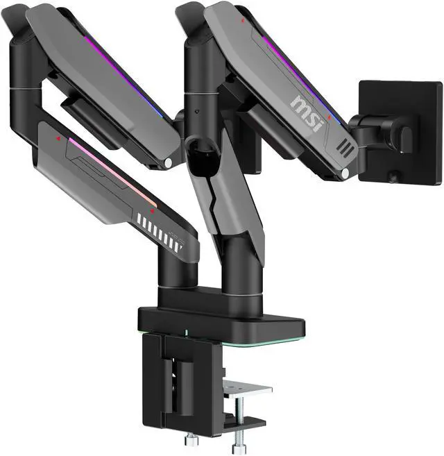 Alt view image 16 of 15 - MSI MPG MT201DR - Premium RGB Dual Monitor Stand Arms, 17-35" Support, VESA Compatible, Adjustable Heavy Duty Gas Spring Mount, 44 lbs per Screen Capacity, Clamp & Grommet, Quick Release Plate - Gray