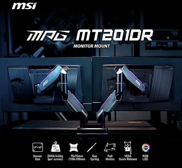 Alt view image 5 of 15 - MSI MPG MT201DR - Premium RGB Dual Monitor Stand Arms, 17-35" Support, VESA Compatible, Adjustable Heavy Duty Gas Spring Mount, 44 lbs per Screen Capacity, Clamp & Grommet, Quick Release Plate - Gray