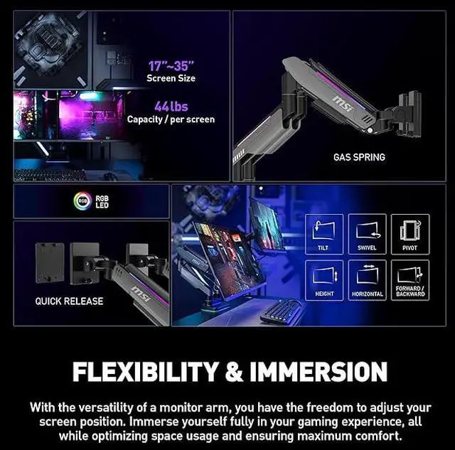 Alt view image 6 of 15 - MSI MPG MT201DR - Premium RGB Dual Monitor Stand Arms, 17-35" Support, VESA Compatible, Adjustable Heavy Duty Gas Spring Mount, 44 lbs per Screen Capacity, Clamp & Grommet, Quick Release Plate - Gray