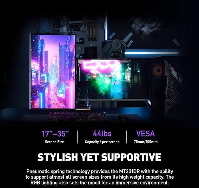 Alt view image 7 of 15 - MSI MPG MT201DR - Premium RGB Dual Monitor Stand Arms, 17-35" Support, VESA Compatible, Adjustable Heavy Duty Gas Spring Mount, 44 lbs per Screen Capacity, Clamp & Grommet, Quick Release Plate - Gray