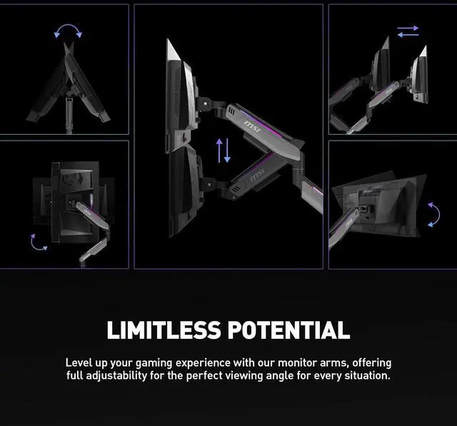 Alt view image 10 of 15 - MSI MPG MT201DR - Premium RGB Dual Monitor Stand Arms, 17-35" Support, VESA Compatible, Adjustable Heavy Duty Gas Spring Mount, 44 lbs per Screen Capacity, Clamp & Grommet, Quick Release Plate - Gray