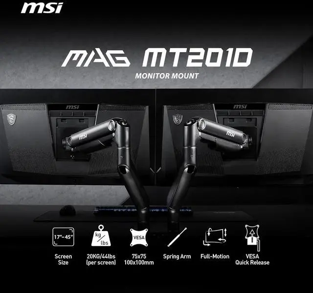 Alt view image 5 of 20 - MSI MAG MT201D - Premium Heavy Duty Dual Monitor Stand Arms, 17-45" Support, VESA Compatible, Adjustable Spring Assisted Mount, 44 lbs per Screen Capacity, Clamp & Grommet, Quick Release Plate - Black