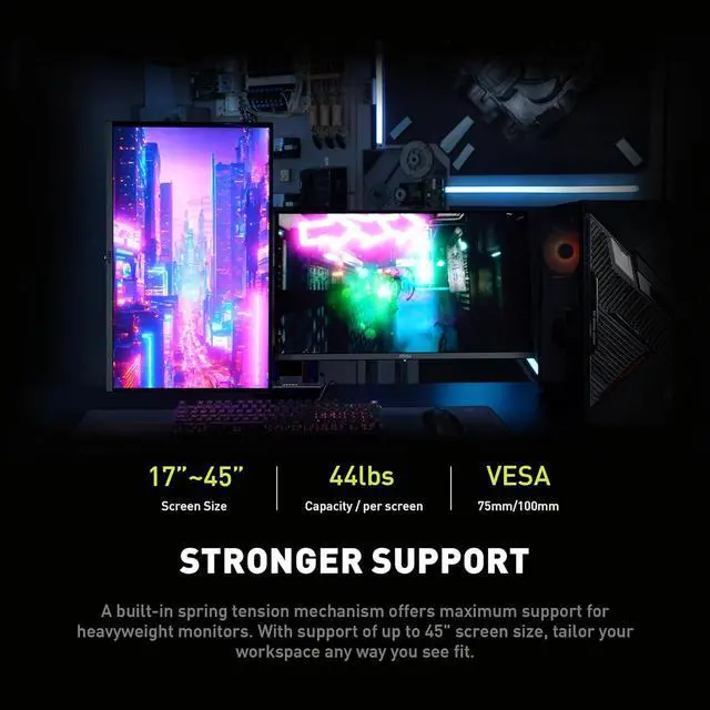 Alt view image 7 of 20 - MSI MAG MT201D - Premium Heavy Duty Dual Monitor Stand Arms, 17-45" Support, VESA Compatible, Adjustable Spring Assisted Mount, 44 lbs per Screen Capacity, Clamp & Grommet, Quick Release Plate - Black