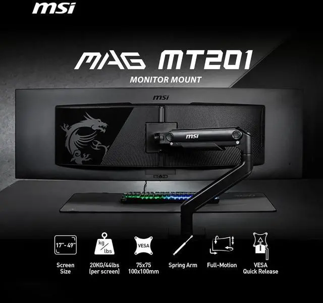 Alt view image 5 of 19 - MSI MAG MT201 - Premium Heavy Duty Single Monitor Stand Arm,  Supports 17-49" Screens and 44 lbs, VESA Compatible, Adjustable Spring Assisted Mount, Clamp & Grommet, Quick Release Plate - Black