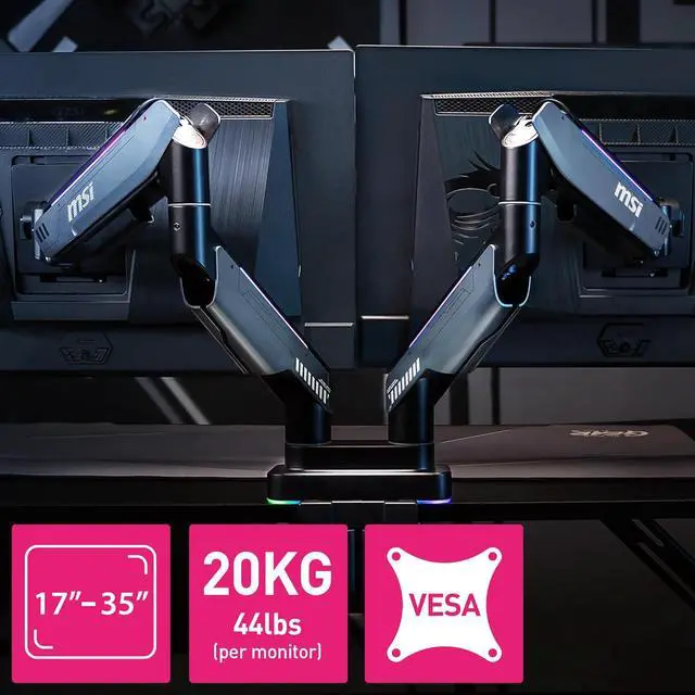 Alt view image 6 of 19 - MSI MPG MT201DR V2 - Premium RGB Dual Monitor Stand Arms, 17-35" Support, VESA Compatible, Adjustable Heavy Duty Gas Spring Mount, 44 lbs per Screen Capacity, Clamp & Grommet, Quick Release Plate-Gray