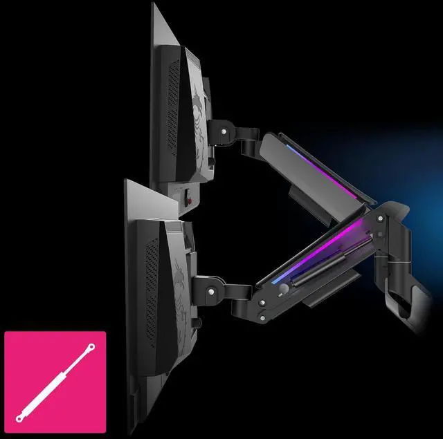 Alt view image 7 of 19 - MSI MPG MT201DR V2 - Premium RGB Dual Monitor Stand Arms, 17-35" Support, VESA Compatible, Adjustable Heavy Duty Gas Spring Mount, 44 lbs per Screen Capacity, Clamp & Grommet, Quick Release Plate-Gray