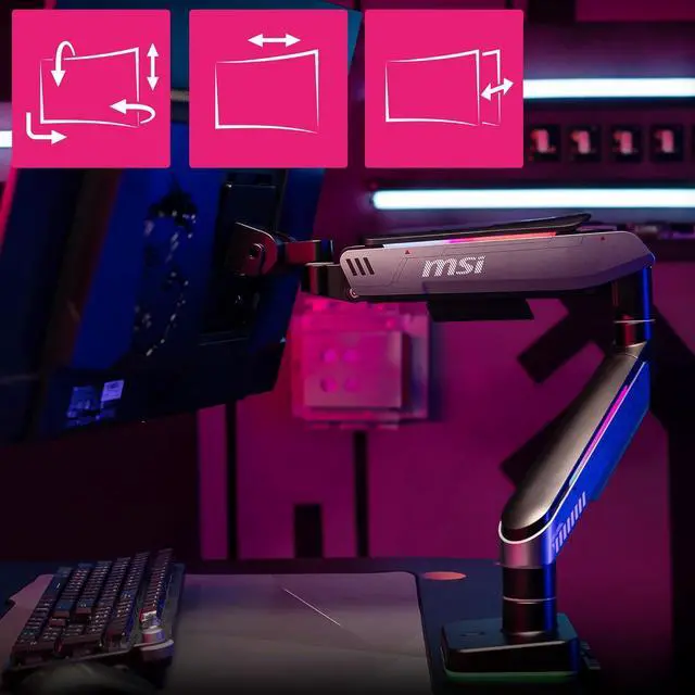 Alt view image 8 of 20 - MSI MPG MT201R V2 - Premium RGB Single Monitor Stand Arm,  Supports 17-49" Screens and 44 lbs, VESA Compatible, Adjustable Heavy Duty Gas Spring Mount, Clamp & Grommet, Quick Release Plate - Gray