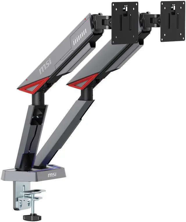 Alt view image 2 of 18 - MSI MPG MT161DR - Premium RGB Dual Monitor Stand Arms, 17-38" Support, VESA Compatible, Adjustable Spring Assisted Mount, 35.2 lbs per Screen Capacity, Clamp & Grommet, Quick Release Plate - Black