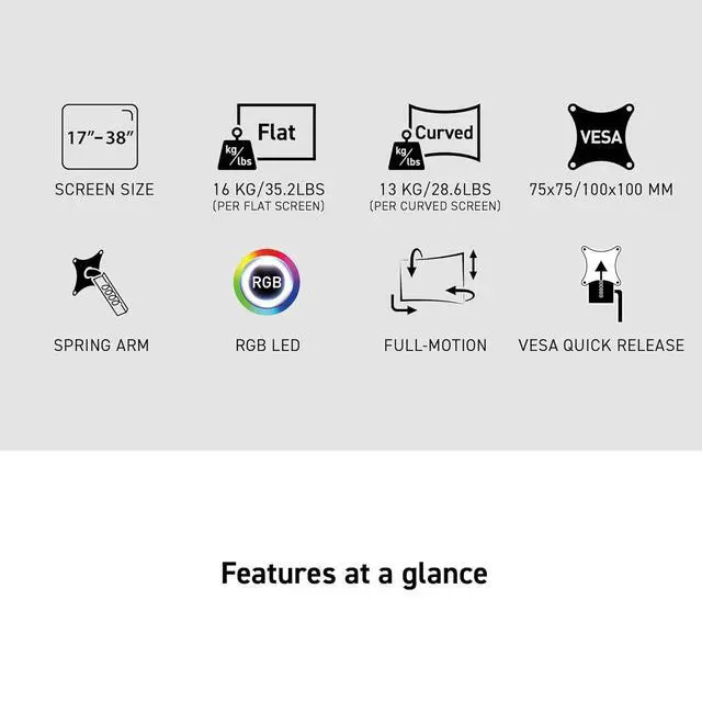 Alt view image 4 of 18 - MSI MPG MT161DR - Premium RGB Dual Monitor Stand Arms, 17-38" Support, VESA Compatible, Adjustable Spring Assisted Mount, 35.2 lbs per Screen Capacity, Clamp & Grommet, Quick Release Plate - Black