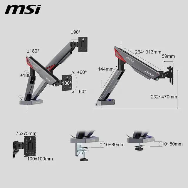 Alt view image 6 of 18 - MSI MPG MT161DR - Premium RGB Dual Monitor Stand Arms, 17-38" Support, VESA Compatible, Adjustable Spring Assisted Mount, 35.2 lbs per Screen Capacity, Clamp & Grommet, Quick Release Plate - Black
