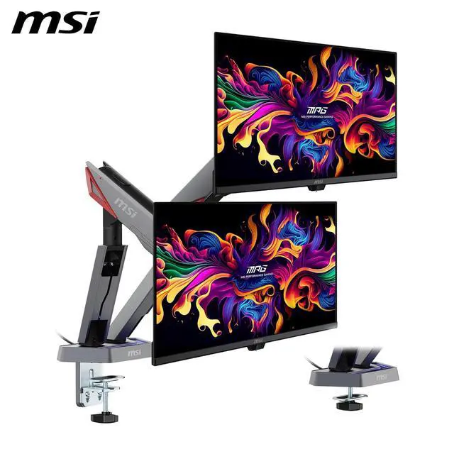 Alt view image 5 of 18 - MSI MPG MT161DR - Premium RGB Dual Monitor Stand Arms, 17-38" Support, VESA Compatible, Adjustable Spring Assisted Mount, 35.2 lbs per Screen Capacity, Clamp & Grommet, Quick Release Plate - Black