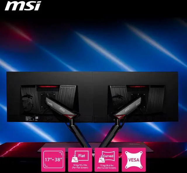 Alt view image 7 of 18 - MSI MPG MT161DR - Premium RGB Dual Monitor Stand Arms, 17-38" Support, VESA Compatible, Adjustable Spring Assisted Mount, 35.2 lbs per Screen Capacity, Clamp & Grommet, Quick Release Plate - Black