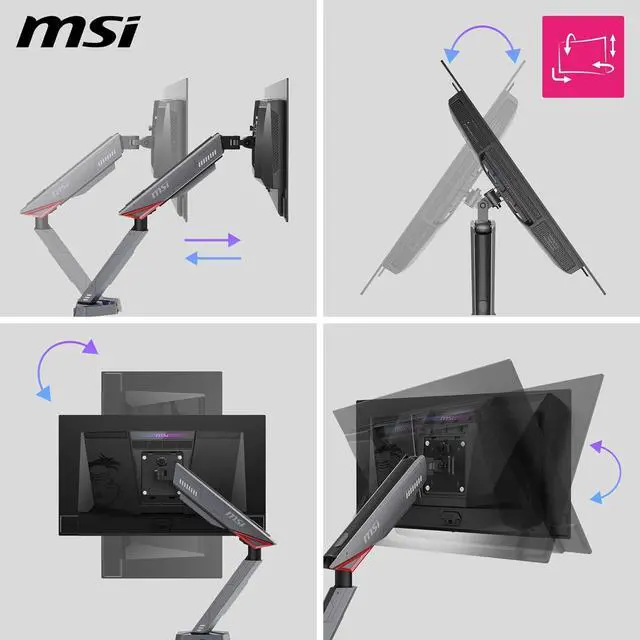 Alt view image 10 of 18 - MSI MPG MT161DR - Premium RGB Dual Monitor Stand Arms, 17-38" Support, VESA Compatible, Adjustable Spring Assisted Mount, 35.2 lbs per Screen Capacity, Clamp & Grommet, Quick Release Plate - Black