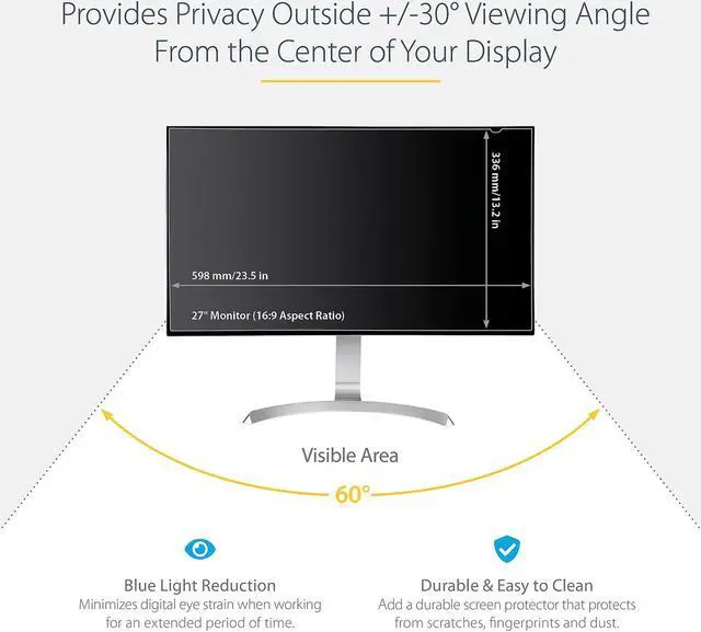 Alt view image 9 of 9 - StarTech.com PRIVSCNMON27 Monitor Privacy Screen for 27 inch PC Display - Computer Screen Security Filter - Blue Light Reducing Screen Protector Film - 16:9 WideScreen - Matte/Glossy - +/-30 Degree
