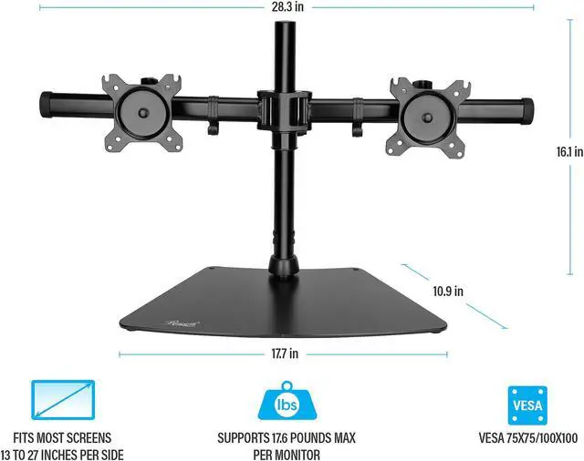 Alt view image 5 of 6 - Rosewill RMS-19001 Dual Desk Stand, Supports 15" - 27" LCD/LED Display VESA75/100, Tilt +/- 15 degree, Swivel 180 degree, Rotate 360 degree, Max. Load 17.6lbs. per monitor