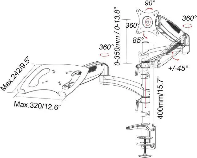 Alt view image 3 of 6 - Rosewill Dual Monitor Stand and Laptop Desk Mount combo with Gas Spring Arms, Full-Motion Height Adjustment and Clamp Mounting for 1 laptop 9.5"-15.6" & 1 Monitor 10"-27"