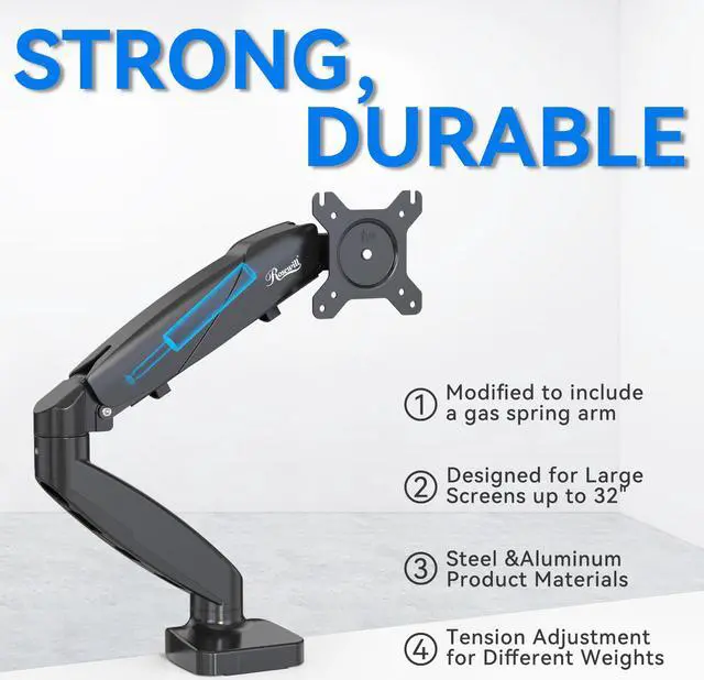 Alt view image 6 of 9 - Rosewill Single Monitor Mount, 15 to 32 Inch, 4.4 to 19.8lbs, Adjustable Gas Spring Monitor Arm with Cable Management, Clamp & Grommet Base