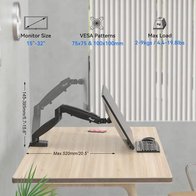 Alt view image 10 of 9 - Rosewill Single Monitor Mount, 15 to 32 Inch, 4.4 to 19.8lbs, Adjustable Gas Spring Monitor Arm with Cable Management, Clamp & Grommet Base