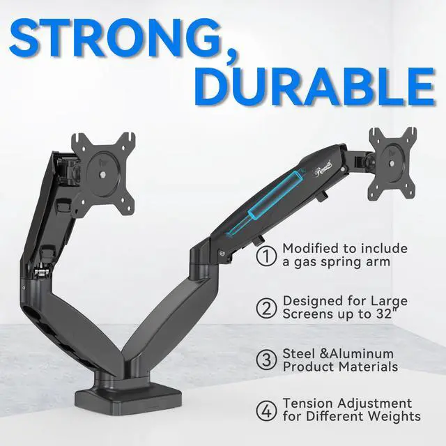 Alt view image 6 of 9 - Rosewill Dual Monitor Mount, 15 to 32 Inch, 4.4 to 19.8lbs per Screen, Adjustable Gas Spring Monitor Arm with Cable Management, Clamp & Grommet Base